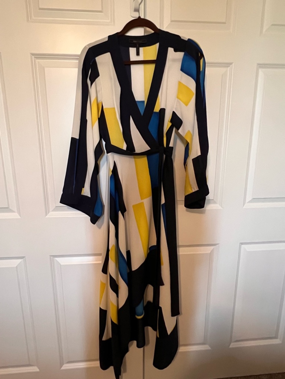 BCBGMaxAzria Geometric Wrap Maxi Dress in White, Navy, Yellow & Blue
